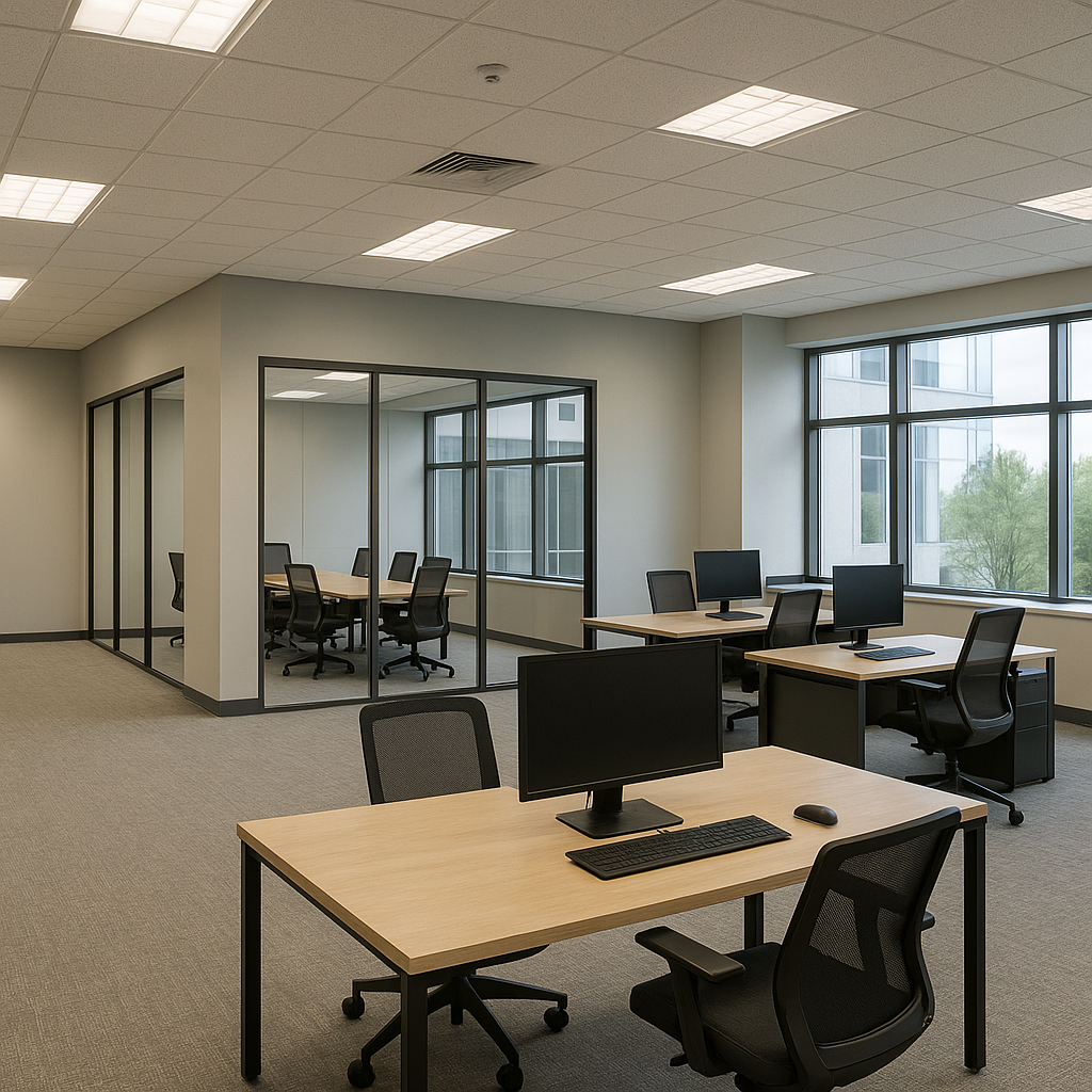 Professional corporate office painting with modern neutral colors and glass conference room